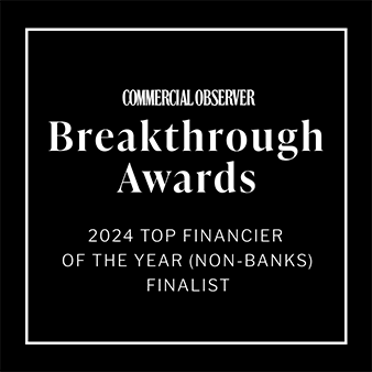 Black box with white text that says "Commercial Observer Breakthrough Awards 2024 Top Financier of the Year (Non-Banks) Finalist