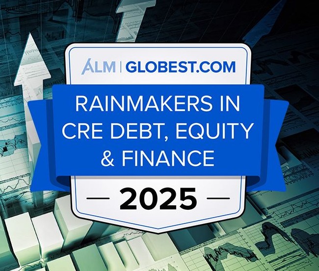 Badge reading "ALM Globest.com Rainmakers in CRE Debt, Equity & Finance 2025"